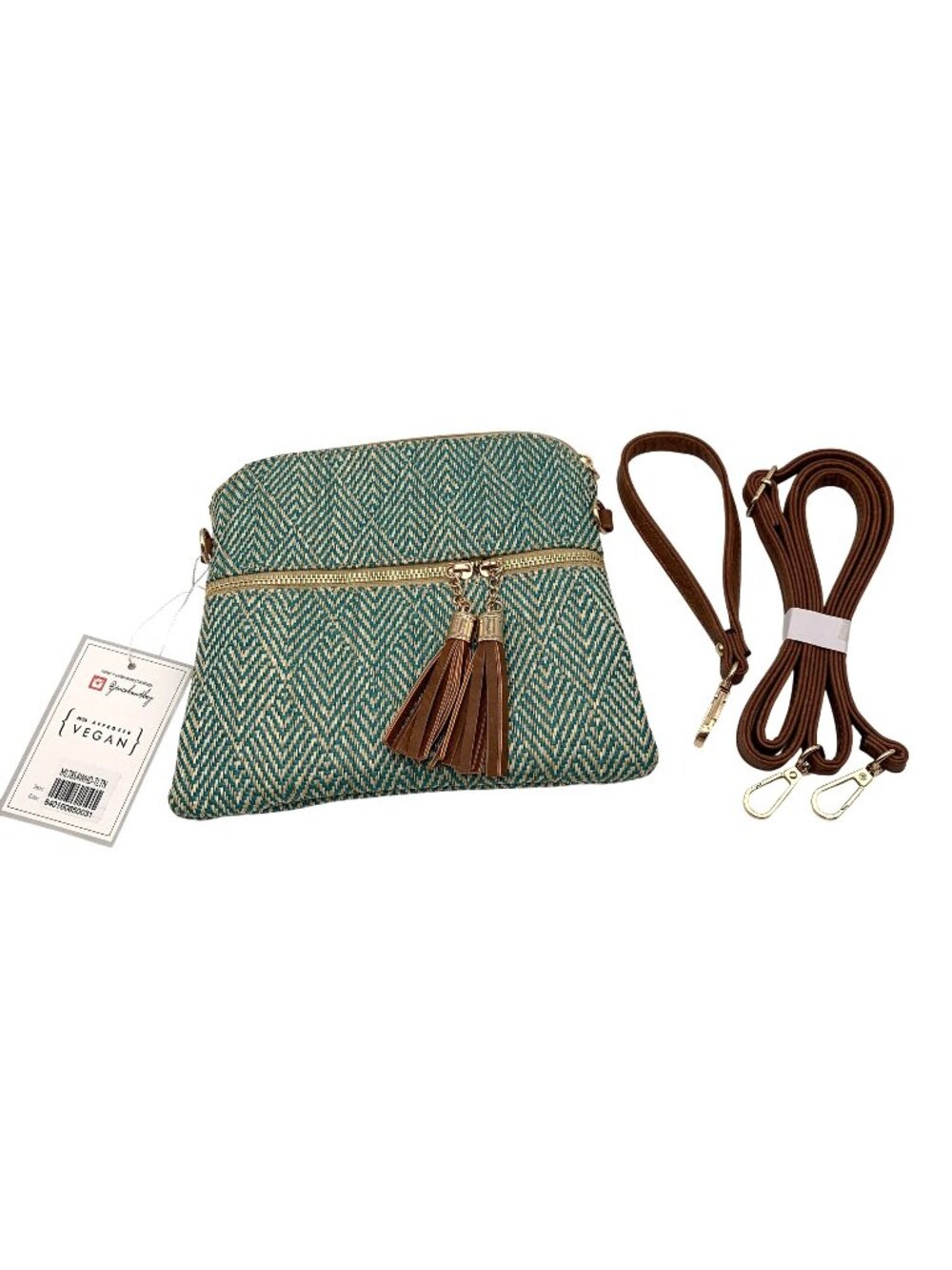 NWT Jen & Co Tara Arrowhead Crossbody Bag Purse Teal Chevron Pattern Tassels